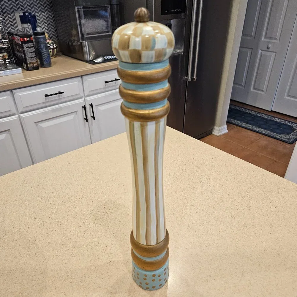 RARE RETIRED MACKENZIE CHILDS TALL PARCHMENT CHECK WOOD SALT PEPPER MILL GRINDER